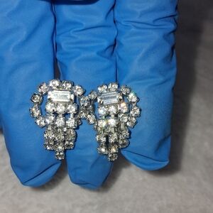 Vintage Emerald cut and clear round rhinestone screw back Earrings